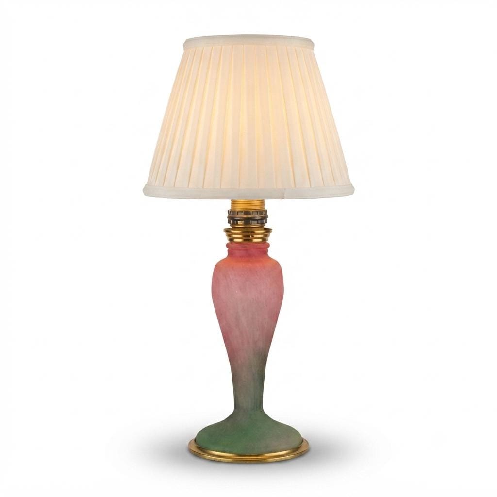 Antique Pâte de Verre Style Glass Lamp Base, Pink and Green, Brass Fittings, Art Deco Style