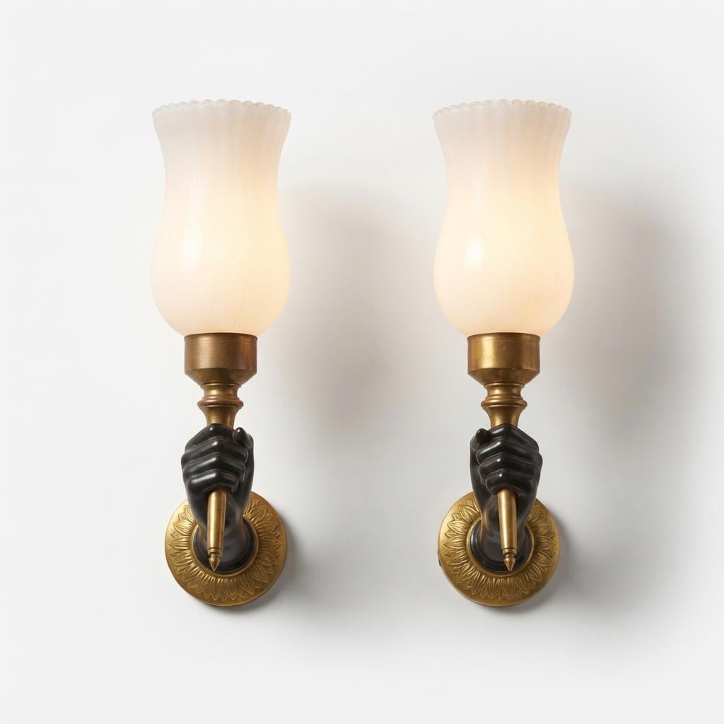 Art Deco Brass Torch Sconces, Fist-Holding Design | 1930s Solid Brass Wall Lights | Rare Statement Lighting, Pair