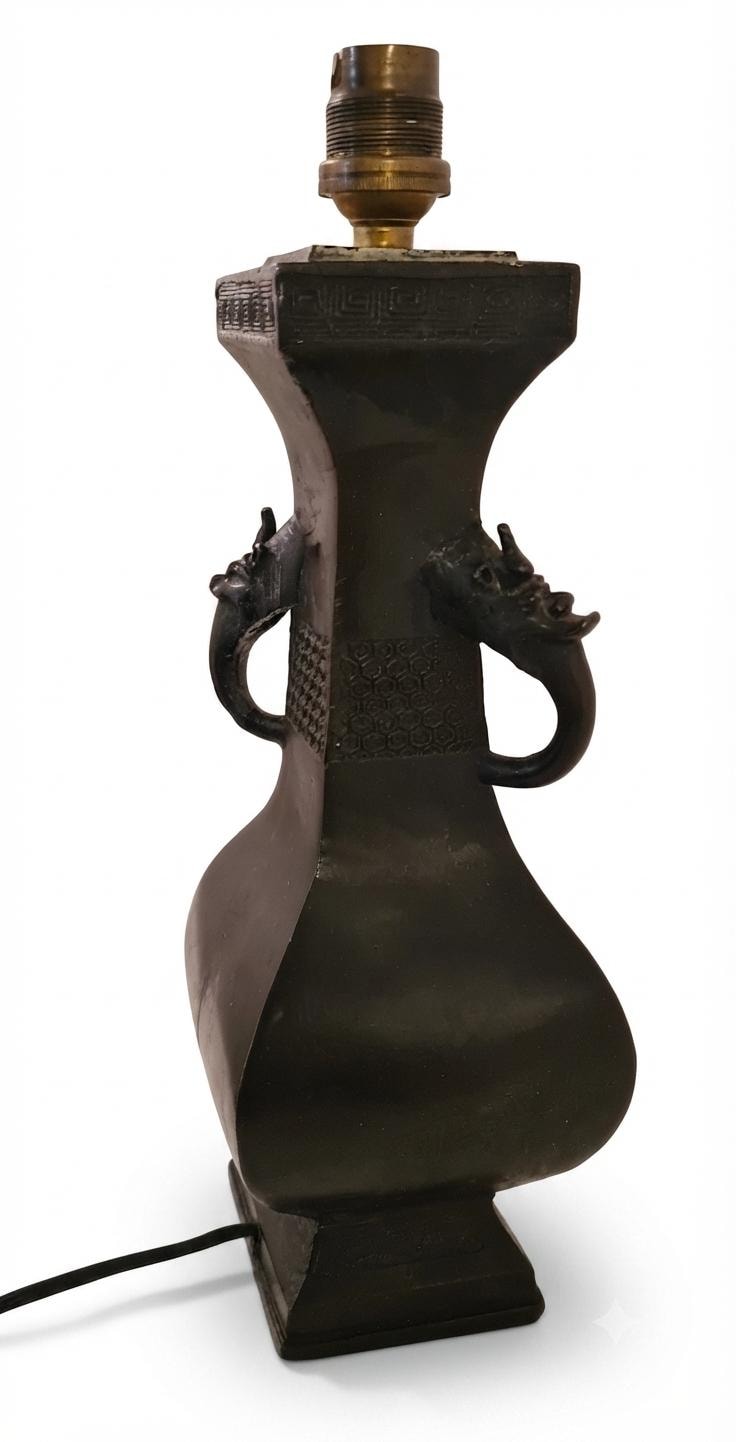 Antique Bronze Chinese Vase Lamp Base, Taotie Mask Ring Handles, Hexagonal Form, Asian Style