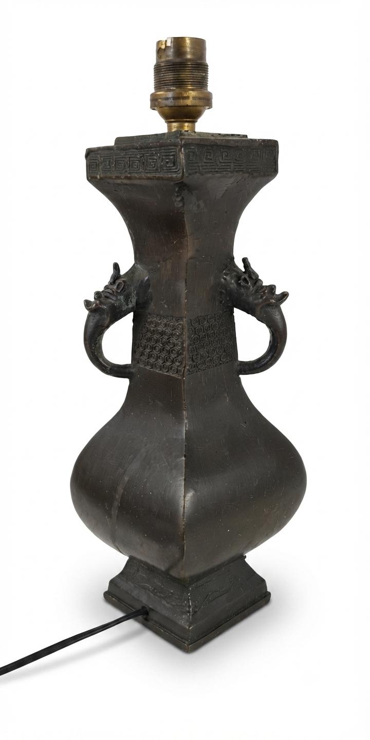 Antique Bronze Chinese Vase Lamp Base, Taotie Mask Ring Handles, Hexagonal Form, Asian Style