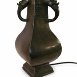 Antique Bronze Chinese Vase Lamp Base, Taotie Mask Ring Handles, Hexagonal Form, Asian Style