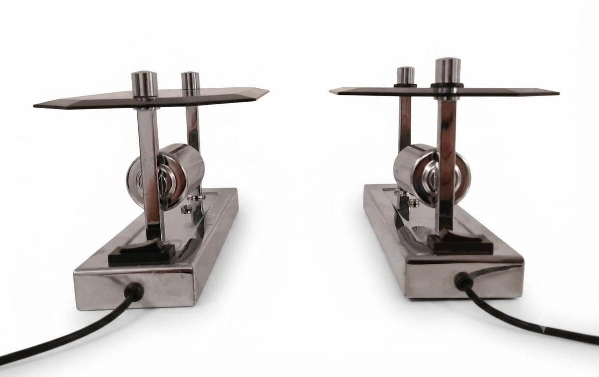 Pair of German Chrome Wall Sconces, Beveled Smoked Glass Panels, 1960s West Germany