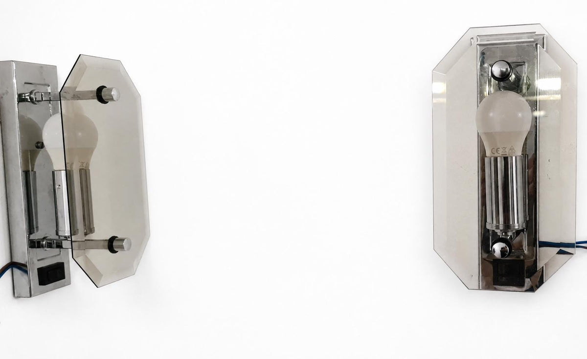 Pair of German Chrome Wall Sconces, Beveled Smoked Glass Panels, 1960s West Germany
