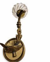 Pair of French Gilded Brass Wall Sconces, Fluted Glass Shades, 20th Century France