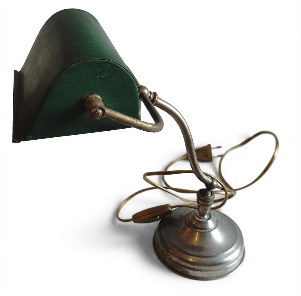 Vintage Bankers Desk Lamp, Green Metal Shade, Nickel Plated Brass — European, circa 1920s–1930s
