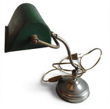 Vintage Bankers Desk Lamp, Green Metal Shade, Nickel Plated Brass — European, circa 1920s–1930s
