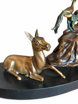Art Deco Spelter Sculpture, Elegant Woman with Doe, French Marble Base