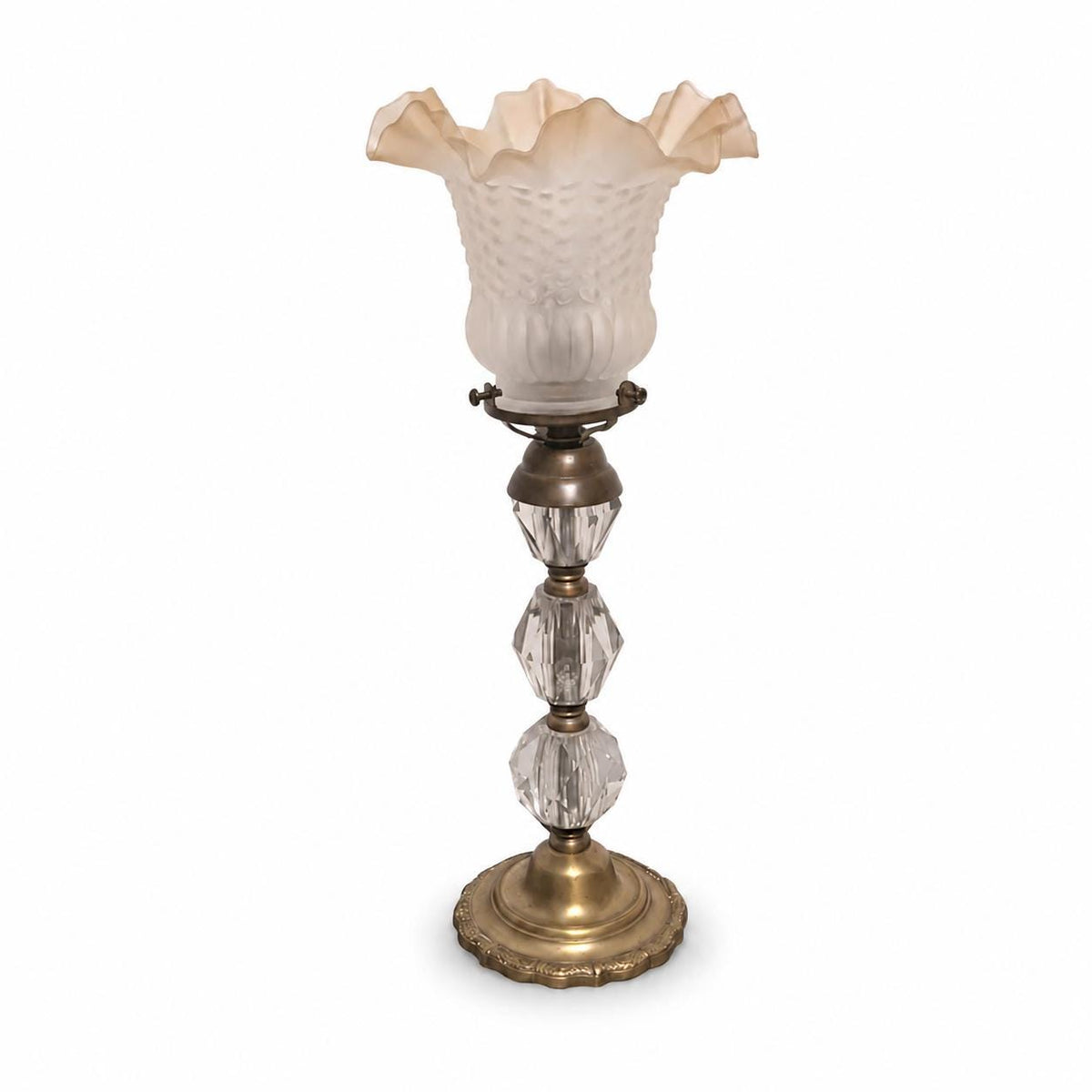 Antique Bronze & Cut Glass Table Lamp, Ruffled Frosted Shade, France, Circa 1900