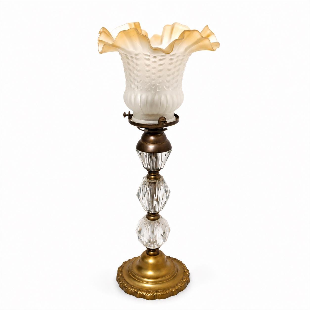 Antique Bronze & Cut Glass Table Lamp, Ruffled Frosted Shade, France, Circa 1900