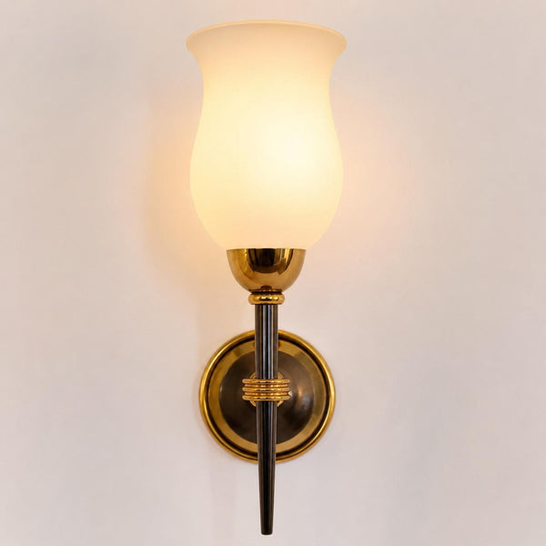 Vintage French Torch-Form Wall Sconce, White Opaline Glass, Gilt and Black Metal, 1940s-50s