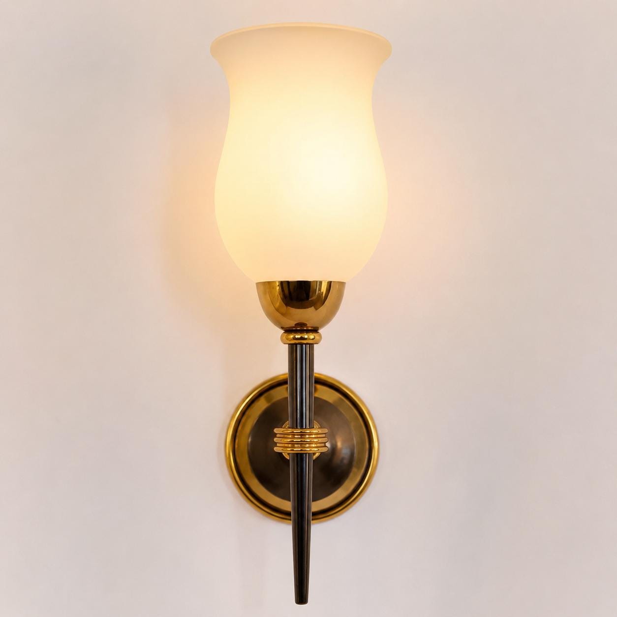 Vintage French Torch-Form Wall Sconce, White Opaline Glass, Gilt and Black Metal, 1940s-50s