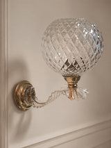 Pair of Mid-Century Crystal Globe Wall Sconces, Diamond Cut Glass, Brass