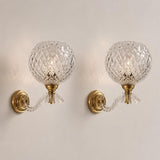 Pair of Mid-Century Crystal Globe Wall Sconces, Diamond Cut Glass, Brass