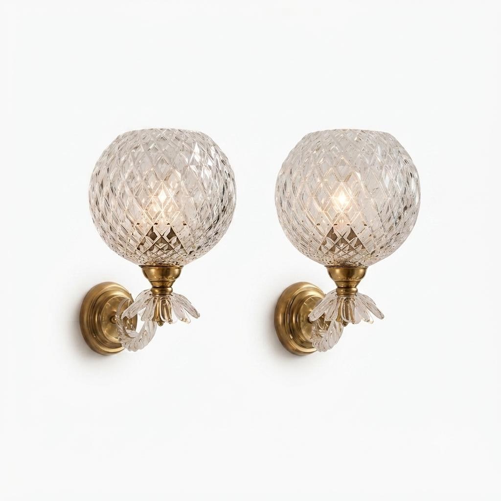 Pair of Mid-Century Crystal Globe Wall Sconces, Diamond Cut Glass, Brass