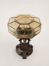Antique Art Deco Bronze Table Lamp, Octagonal Glass Shade, Sunburst Light Effect, 1920s Style