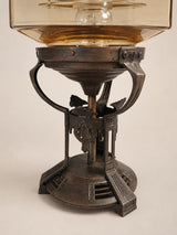 Antique Art Deco Bronze Table Lamp, Octagonal Glass Shade, Sunburst Light Effect, 1920s Style