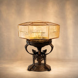 Antique Art Deco Bronze Table Lamp, Octagonal Glass Shade, Sunburst Light Effect, 1920s Style