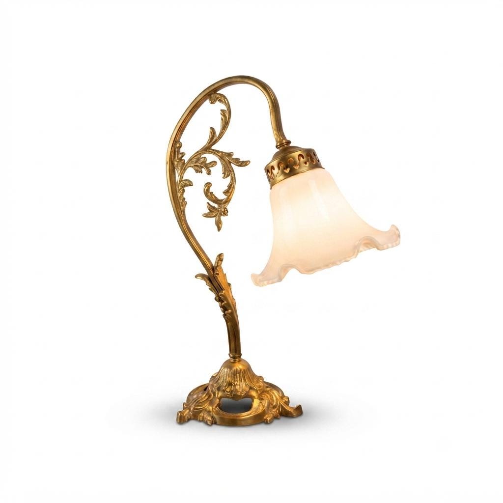 Antique Brass Table Lamp, White Ruffled Glass Tulip Shade, Art Nouveau Style