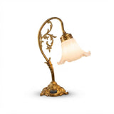 Antique Brass Table Lamp, White Ruffled Glass Tulip Shade, Art Nouveau Style