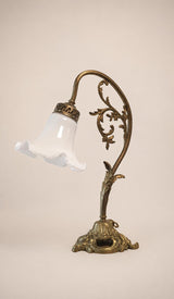 Antique Brass Table Lamp, White Ruffled Glass Tulip Shade, Art Nouveau Style