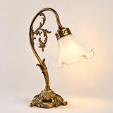 Antique Brass Table Lamp, White Ruffled Glass Tulip Shade, Art Nouveau Style