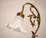 Antique Brass Table Lamp, White Ruffled Glass Tulip Shade, Art Nouveau Style
