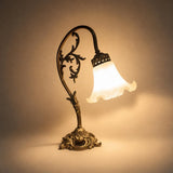 Antique Brass Table Lamp, White Ruffled Glass Tulip Shade, Art Nouveau Style