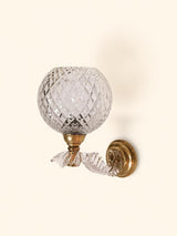 Pair of Mid-Century Crystal Globe Wall Sconces, Diamond Cut Glass, Brass