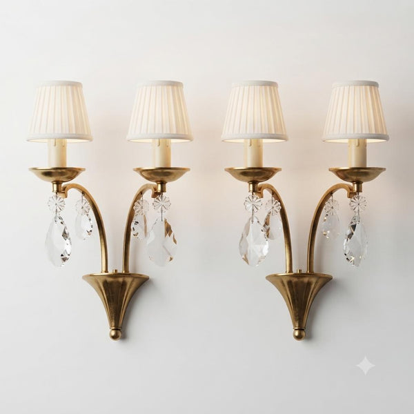 Pair of Vintage Brass Wall Sconces, Crystal Drops, Fan Backplate Design