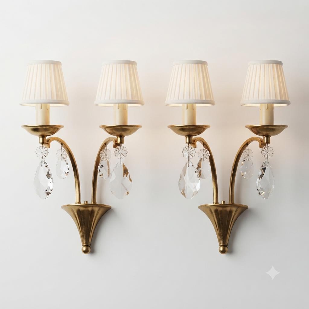 Pair of Vintage Brass Wall Sconces, Crystal Drops, Fan Backplate Design