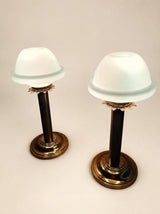 Pair of Vintage Brass Table Lamps, Opaline Glass Mushroom Shades