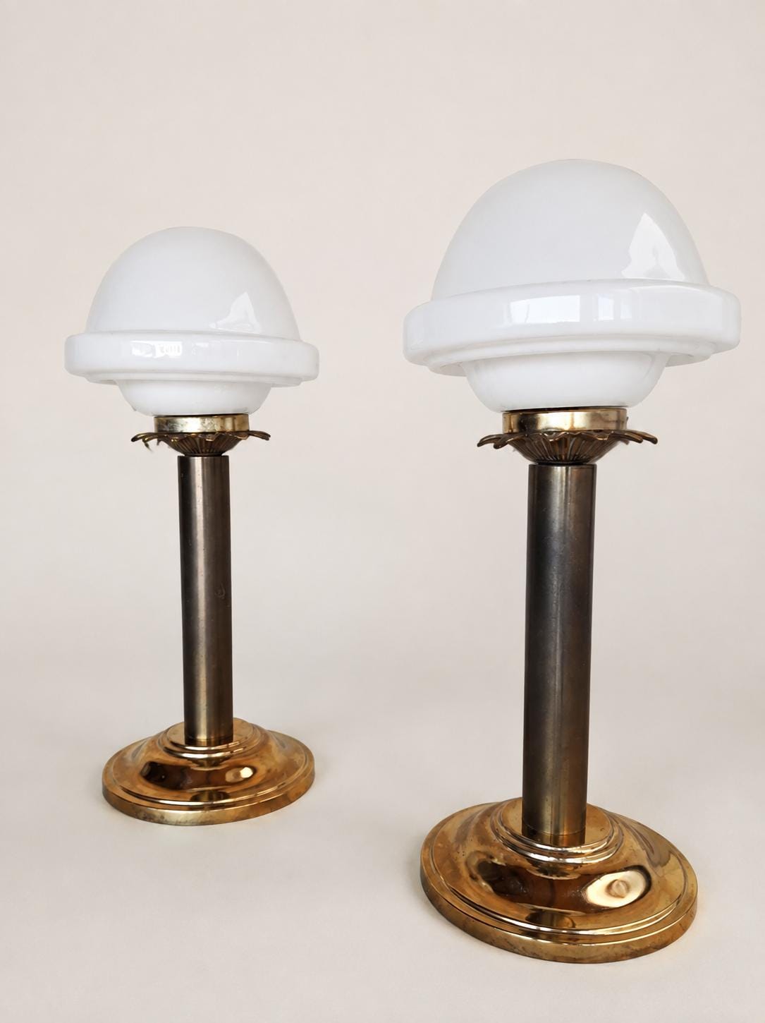 Pair of Vintage Brass Table Lamps, Opaline Glass Mushroom Shades