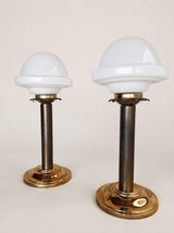 Pair of Vintage Brass Table Lamps, Opaline Glass Mushroom Shades