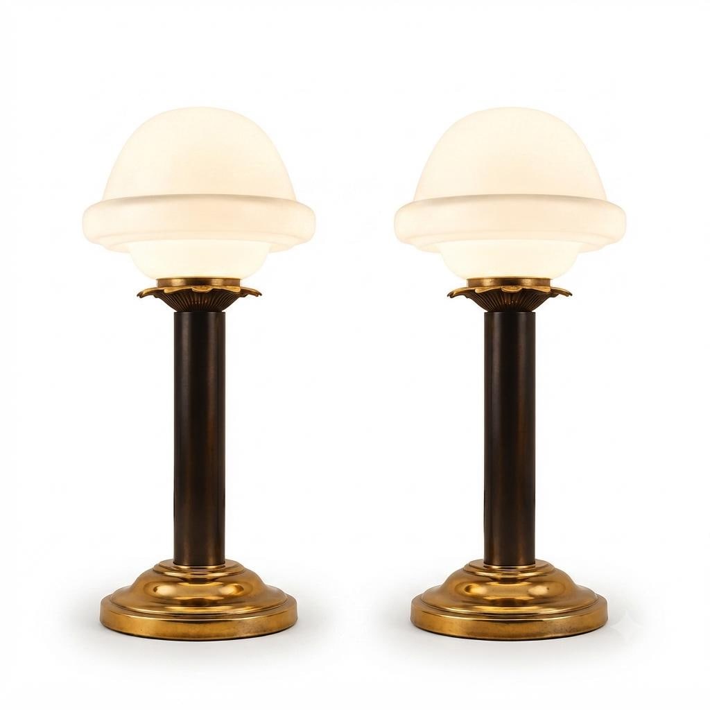 Pair of Vintage Brass Table Lamps, Opaline Glass Mushroom Shades