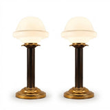Pair of Vintage Brass Table Lamps, Opaline Glass Mushroom Shades