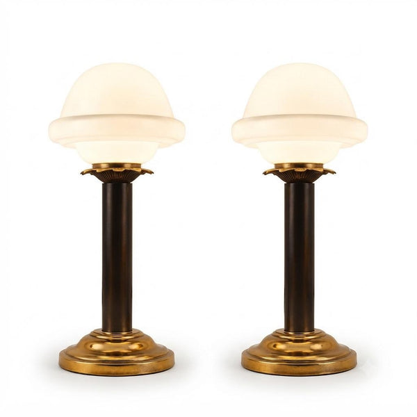 Pair of Vintage Brass Table Lamps, Opaline Glass Mushroom Shades
