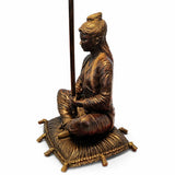 Antique Bronze Figural Table Lamp, Seated Oriental Figure, Silk Shade, Red & Gold