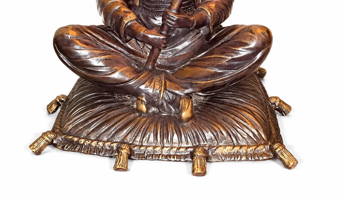 Antique Bronze Figural Table Lamp, Seated Oriental Figure, Silk Shade, Red & Gold