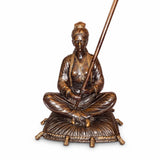 Antique Bronze Figural Table Lamp, Seated Oriental Figure, Silk Shade, Red & Gold