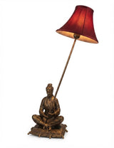 Antique Bronze Figural Table Lamp, Seated Oriental Figure, Silk Shade, Red & Gold