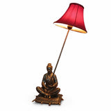 Antique Bronze Figural Table Lamp, Seated Oriental Figure, Silk Shade, Red & Gold
