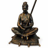Antique Bronze Figural Table Lamp, Seated Oriental Figure, Silk Shade, Red & Gold