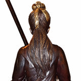 Antique Bronze Figural Table Lamp, Seated Oriental Figure, Silk Shade, Red & Gold