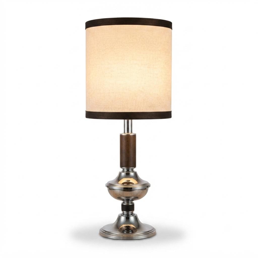 Vintage Chrome Table Lamp, Wood and Chrome Column with New Fabric Shade — 1960s–70s