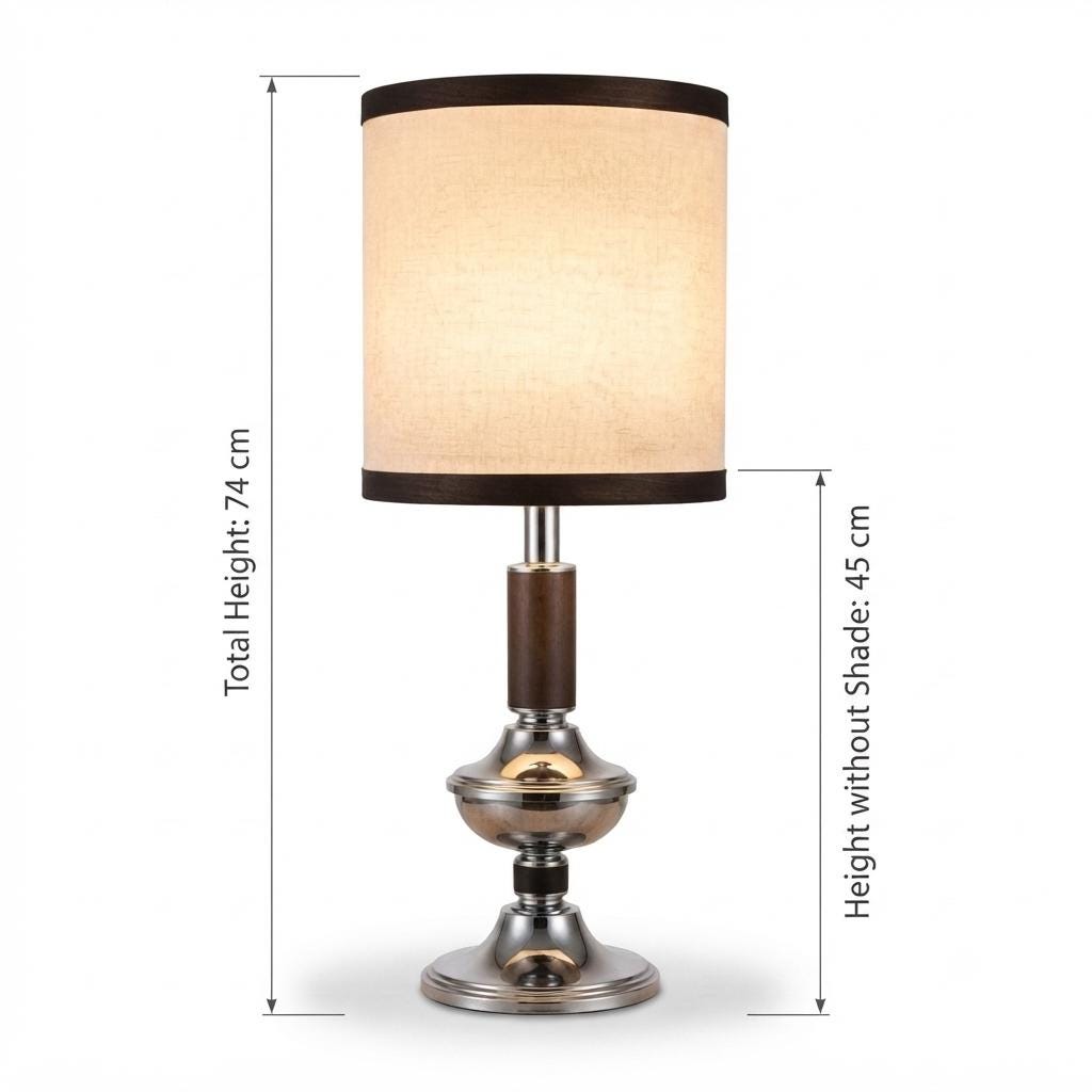 Vintage Chrome Table Lamp, Wood and Chrome Column with New Fabric Shade — 1960s–70s