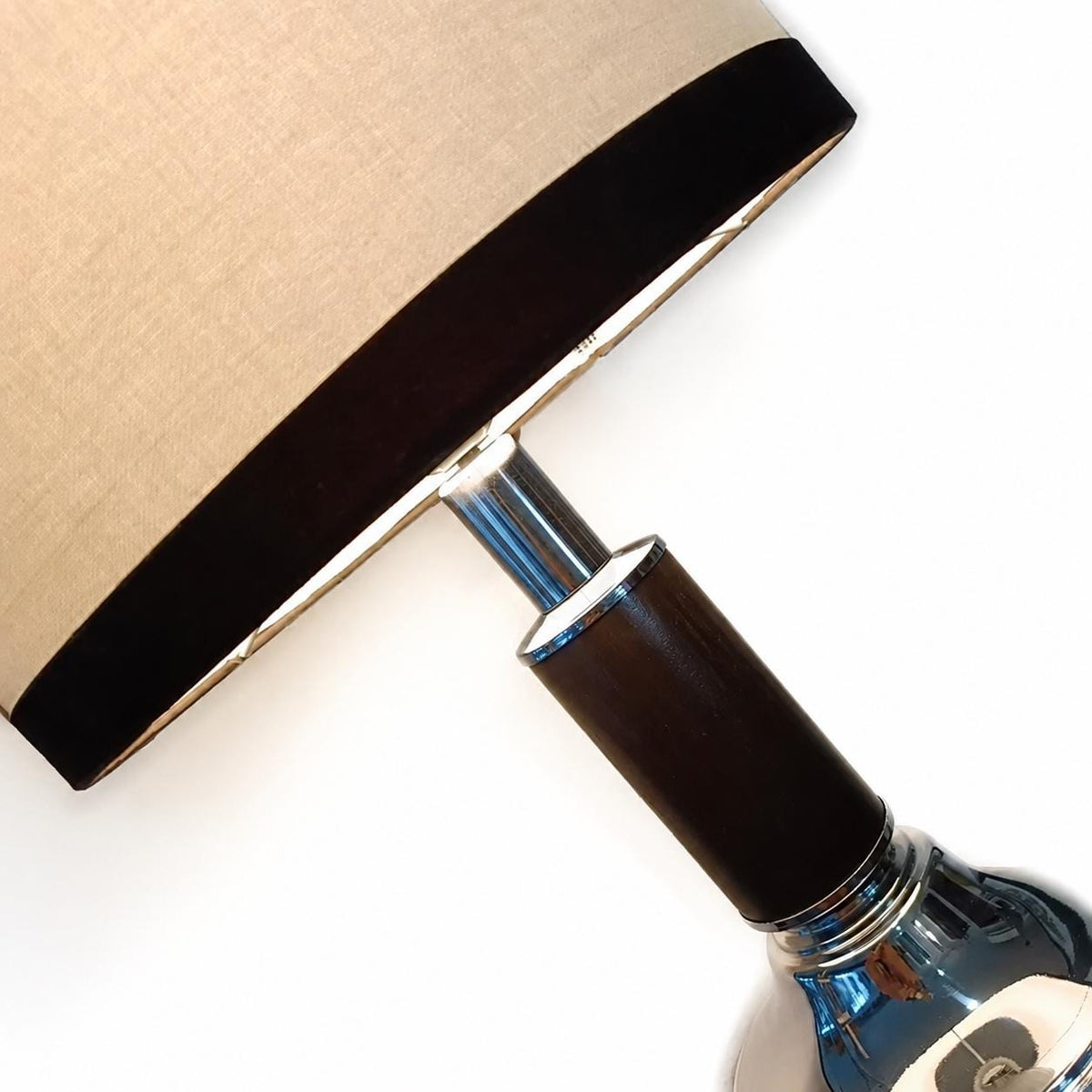 Vintage Chrome Table Lamp, Wood and Chrome Column with New Fabric Shade — 1960s–70s