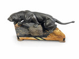 Art Deco Panther Sculpture, Patinated Spelter Big Cat on Marble Onyx Base — French, 1930s Style