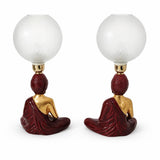 Vintage Buddha Table Lamps Pair, Burgundy Gold Ceramic with Frosted Glass Globes — 1970s–80s