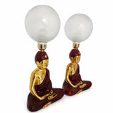 Vintage Buddha Table Lamps Pair, Burgundy Gold Ceramic with Frosted Glass Globes — 1970s–80s