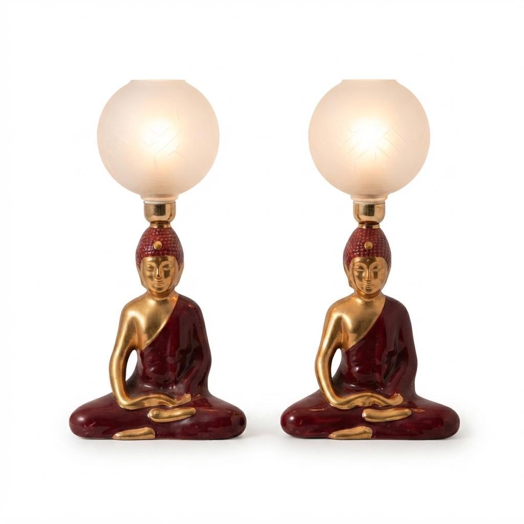 Vintage Buddha Table Lamps Pair, Burgundy Gold Ceramic with Frosted Glass Globes — 1970s–80s